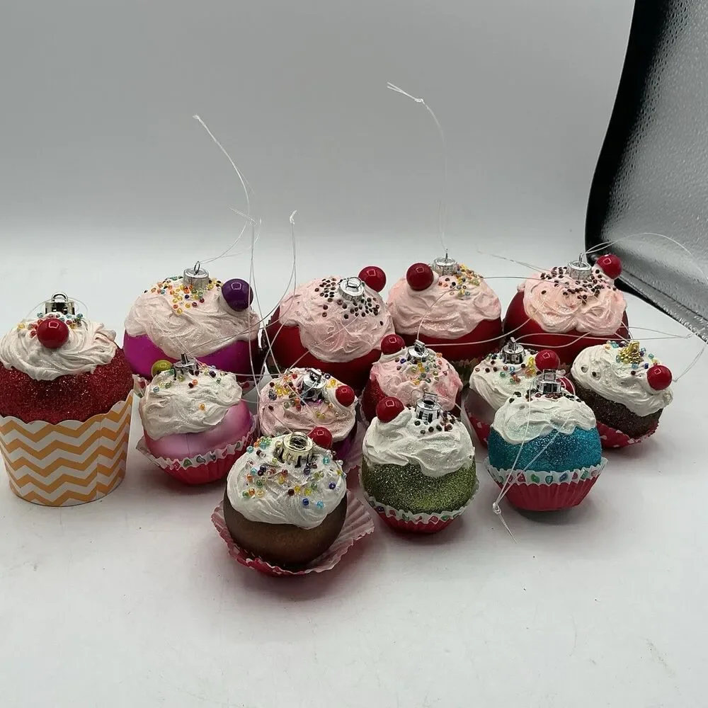 Lot of 13 Handmade Faux Cupcake Christmas Tree Ornaments Glitter Holiday Decor